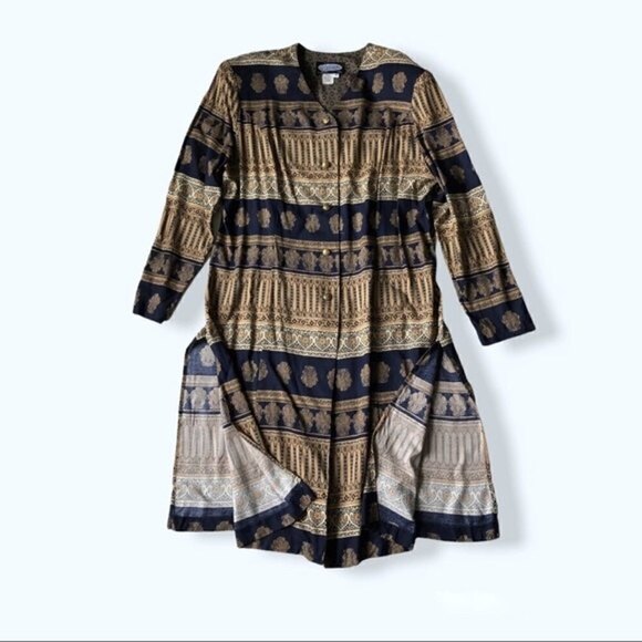 Vintage 80s Clues Collection Baroque Print Duster Robe Jacket Navy Tan XL - Picture 4 of 14